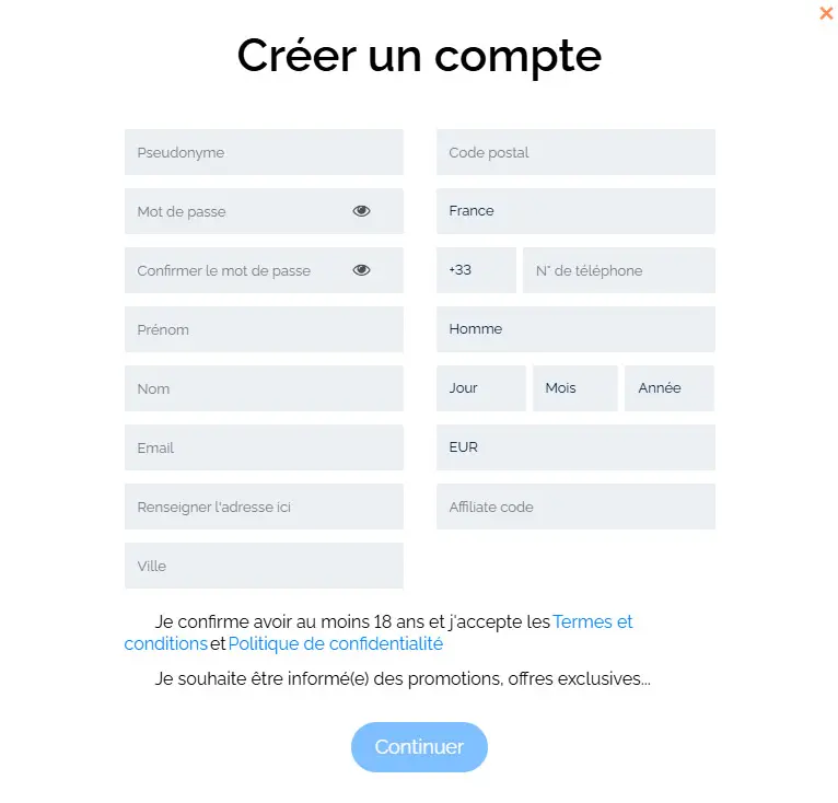Processus d'inscription Betstars Casino